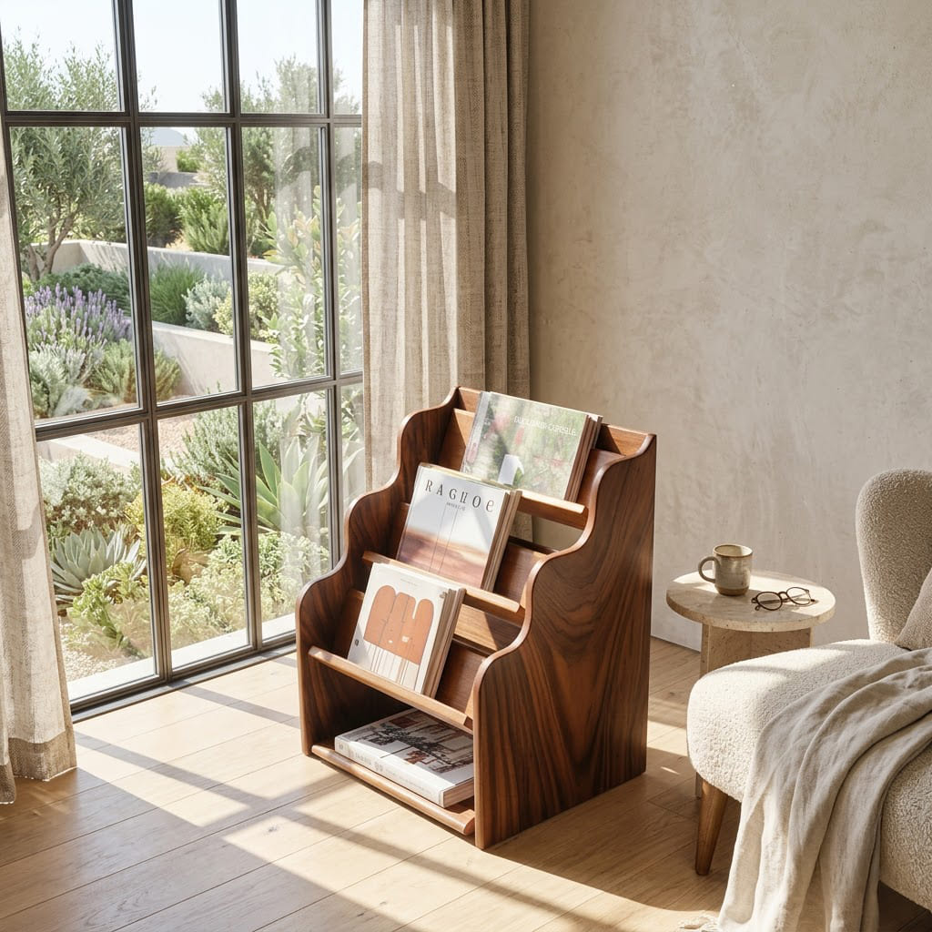 Minimalist solid wood forward-facing display stand styled in a cozy reading nook