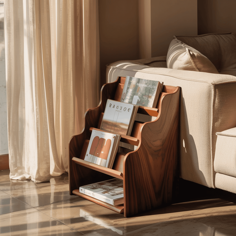 Modern solid wood three-tier wave magazine rack in a contemporary living room