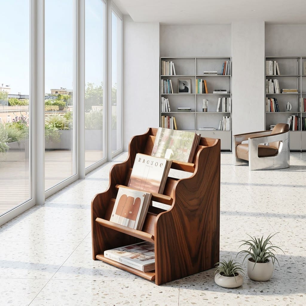Elegant solid wood magazine rack showcased in a stylish home interior