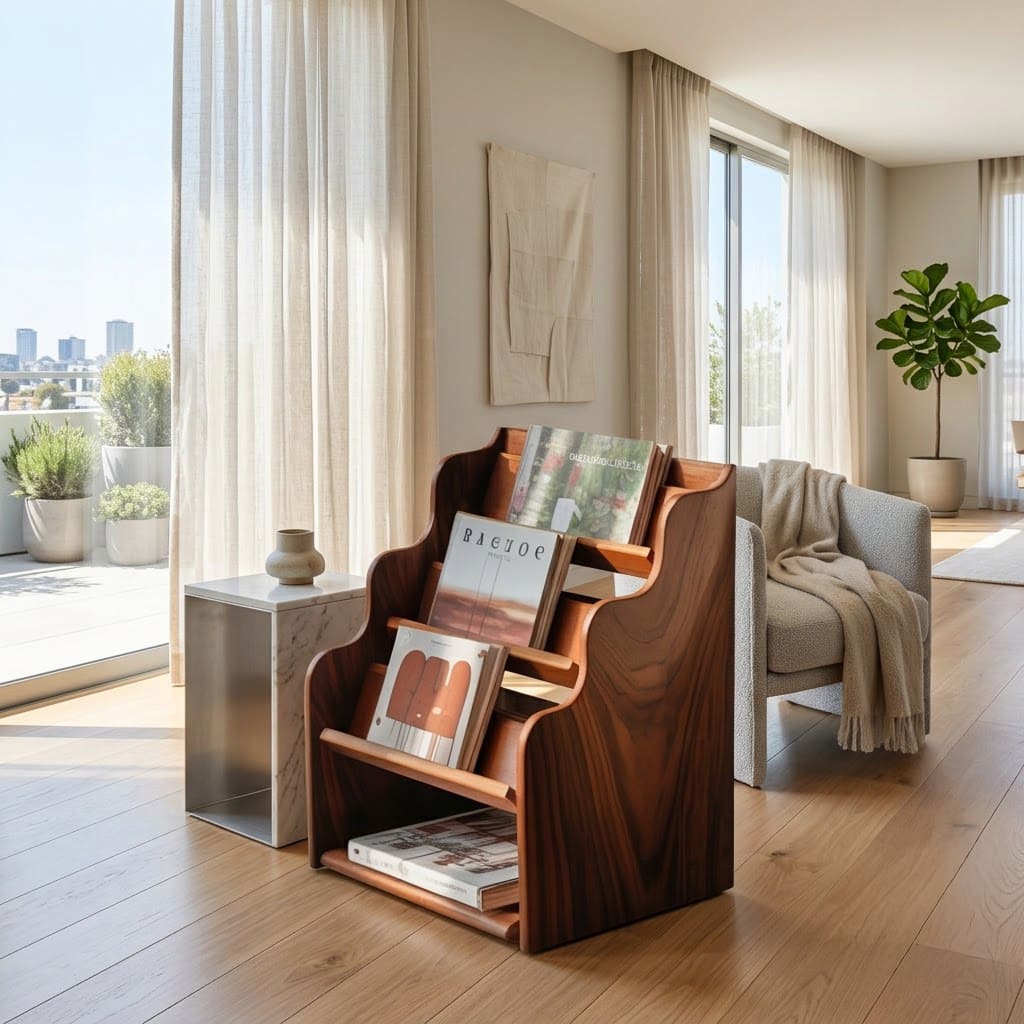Functional solid wood wave display stand enhancing a modern lounge area