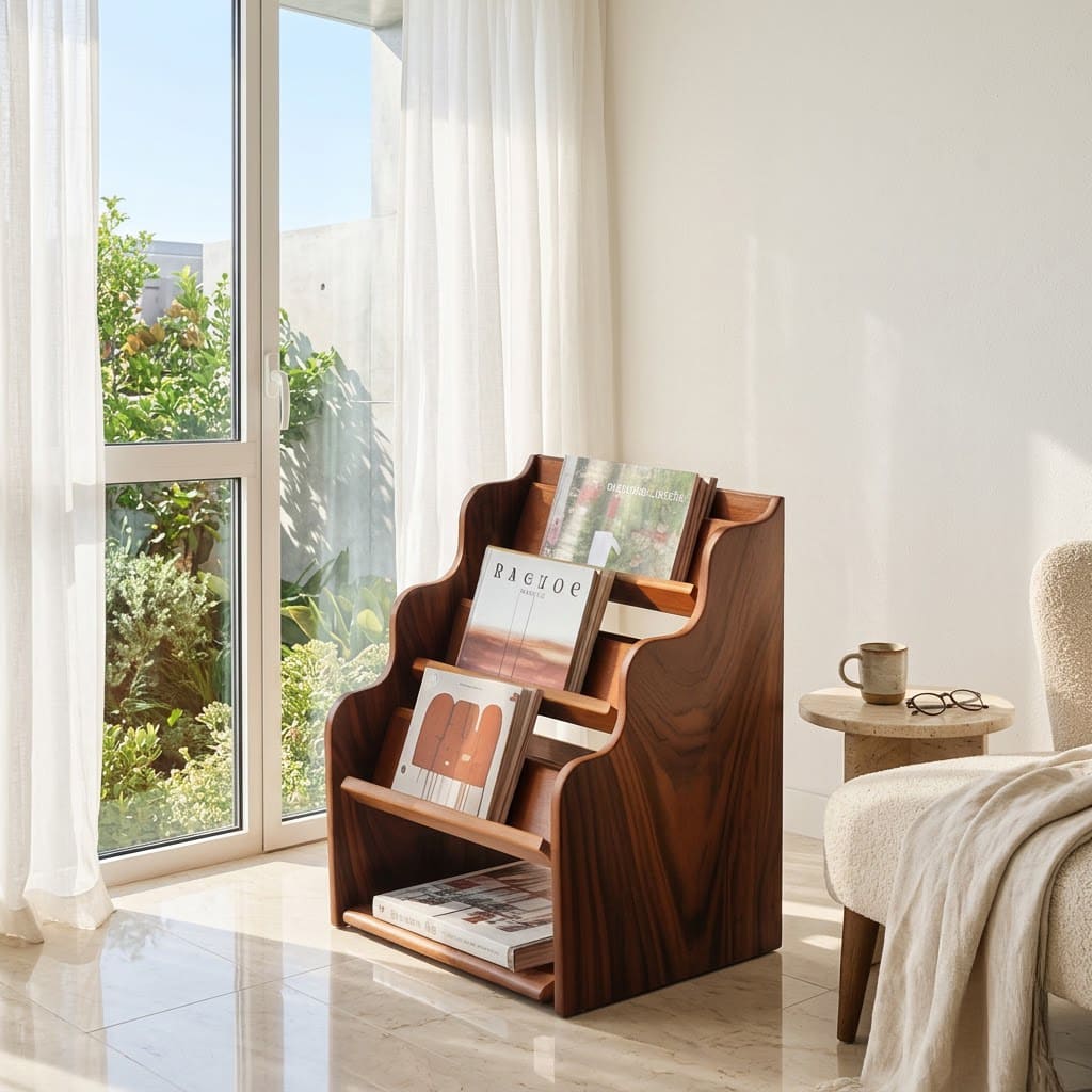 Modern forward-facing magazine rack crafted from solid wood
