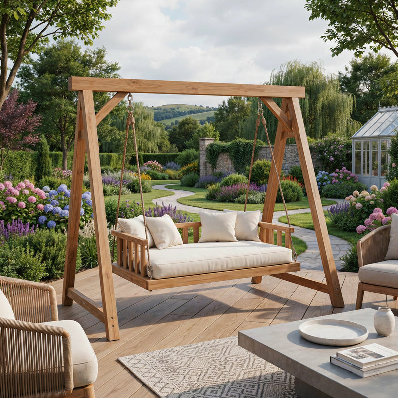 Solid wood A-frame porch swing bench for outdoor garden