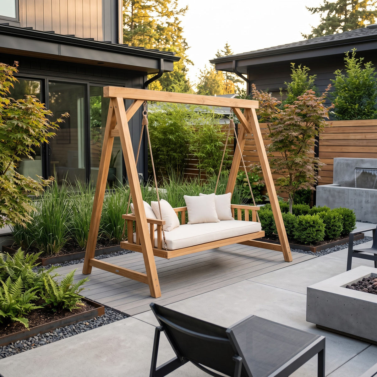 Wooden porch swing bench designed for relaxing outdoor spaces