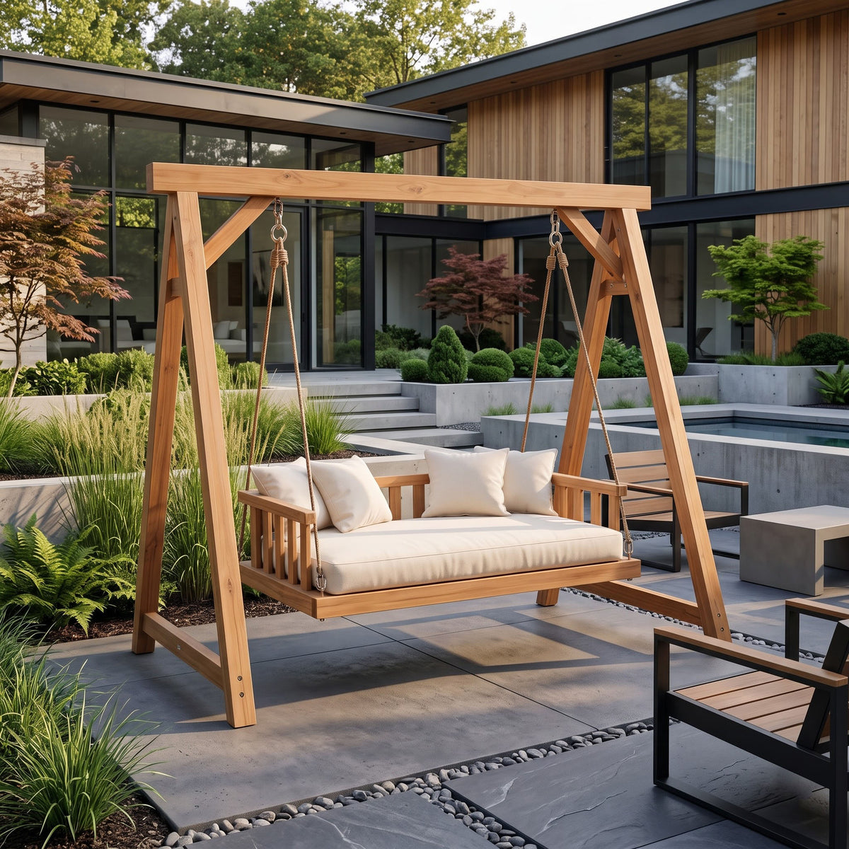 A-frame solid wood daybed swing showcased in a landscaped backyard