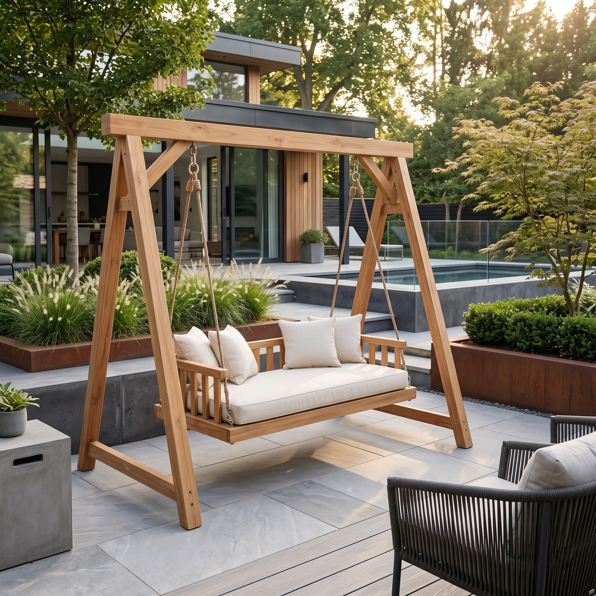 Outdoor daybed swing bench styled in a cozy garden retreat