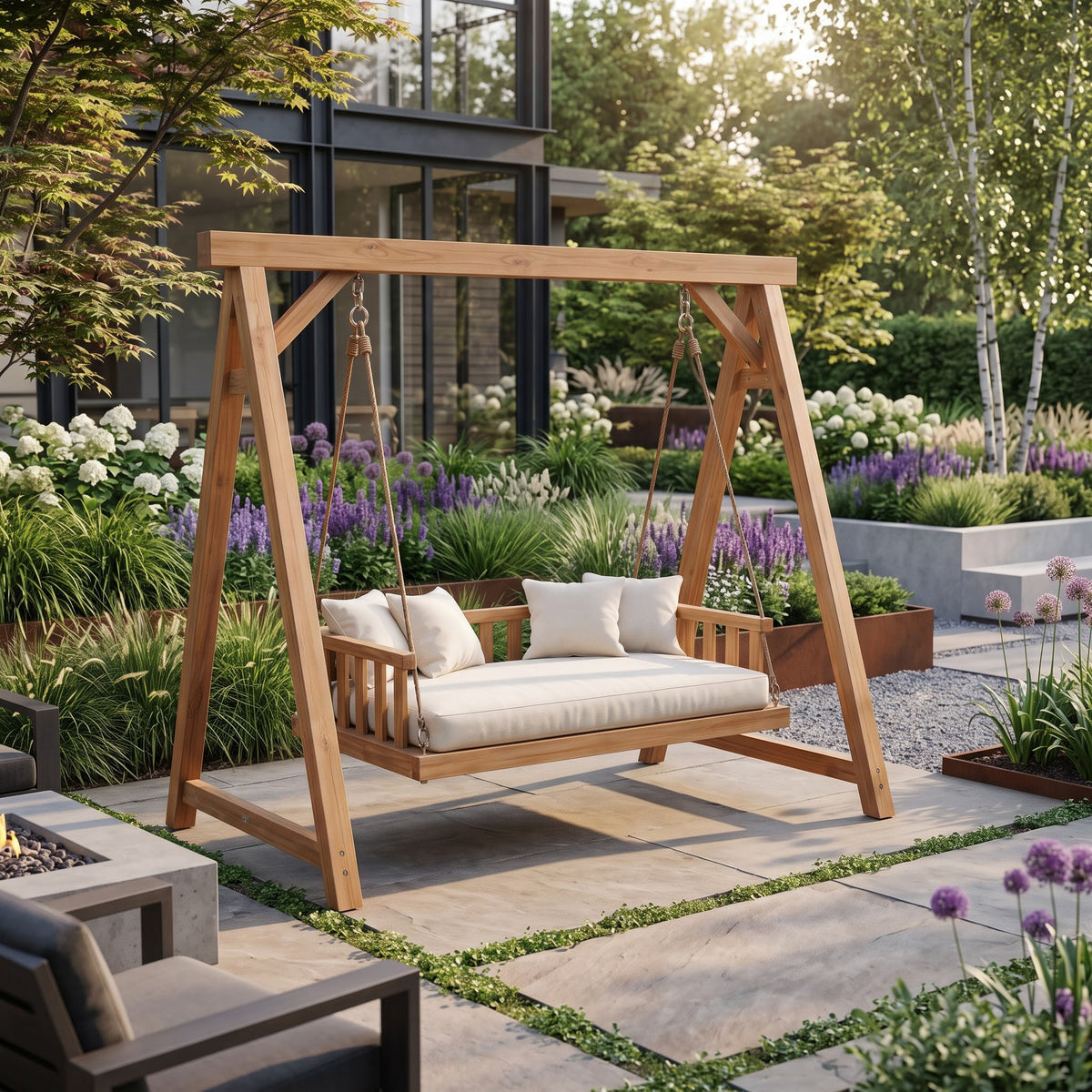 Solid wood A-frame porch swing bench in a peaceful garden setting