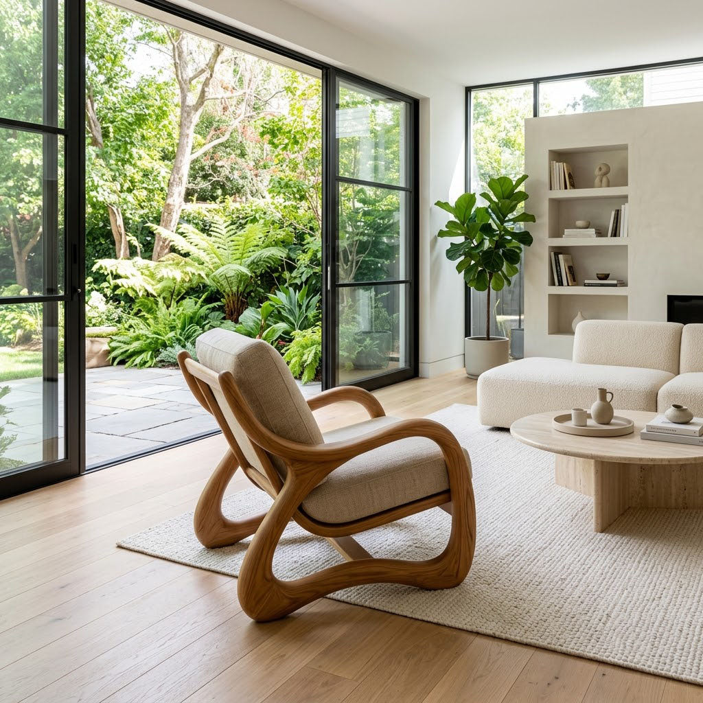 A modern wavy wooden lounge chair with beige upholstered seat and back, placed on a light rug in a bright living room with large windows overlooking a lush green garden.