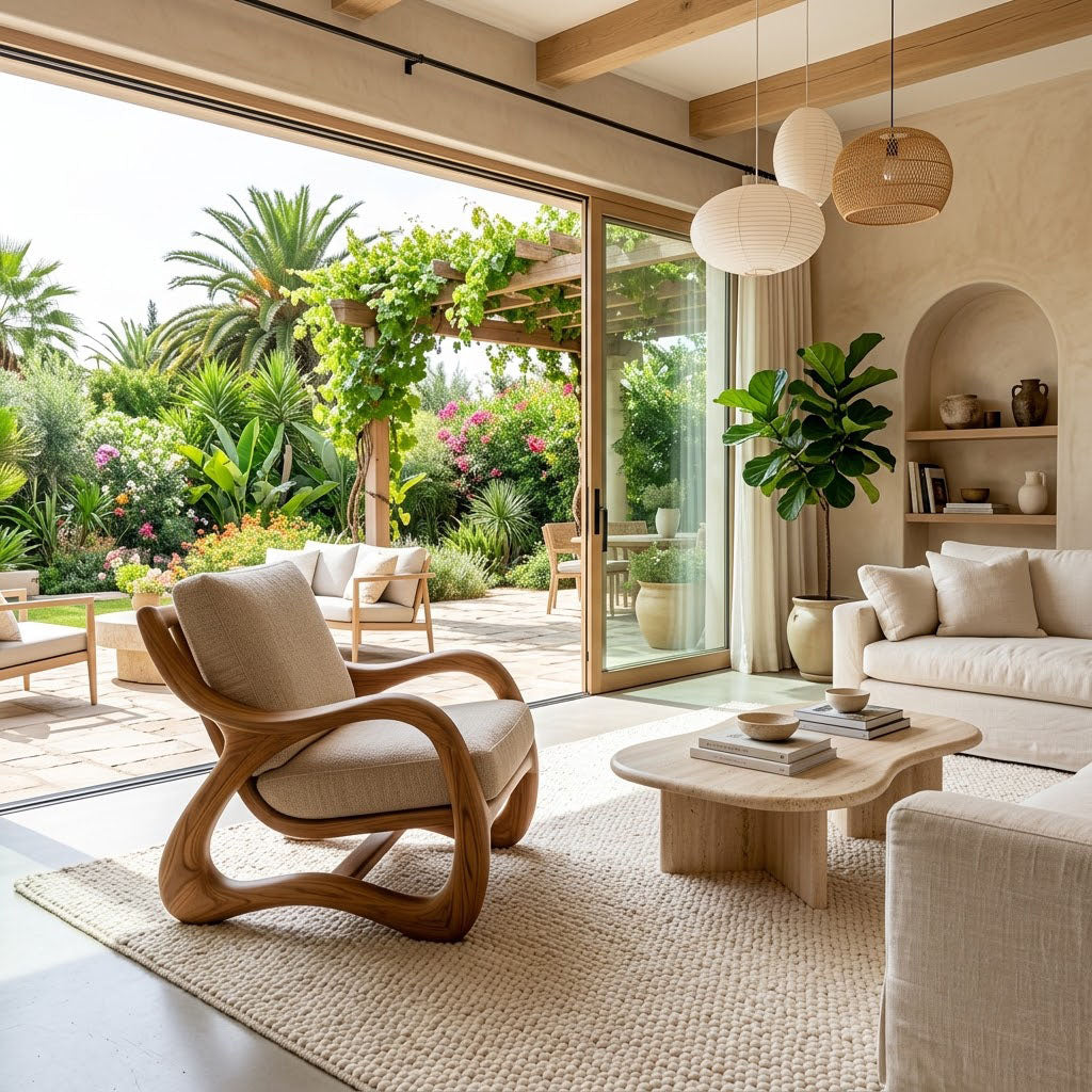 A modern living room with a wavy wooden armchair, beige sofa, and low wooden coffee table, overlooking a lush tropical garden patio through large sliding glass doors.