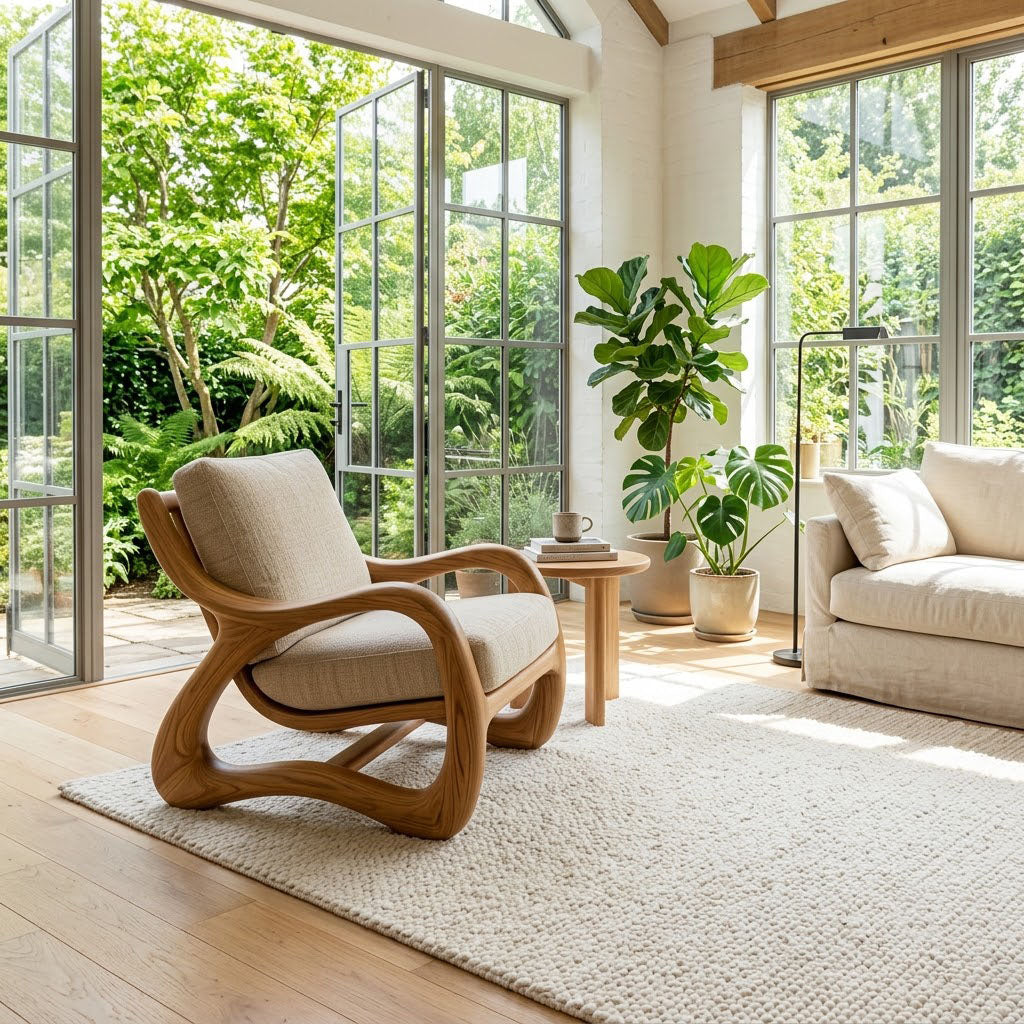A modern wooden lounge chair with beige upholstered cushions sits on a textured cream rug in a bright, sunlit living room with large windows, plants, and a sofa.