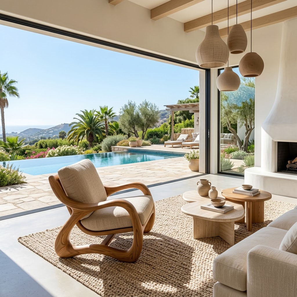 A modern living room with a sculptural wooden armchair featuring beige cushions, set on a woven jute rug next to a white sofa