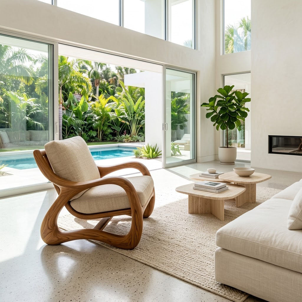 A modern living room with a sculptural wooden armchair featuring beige upholstered cushions, positioned next to a matching light beige sofa