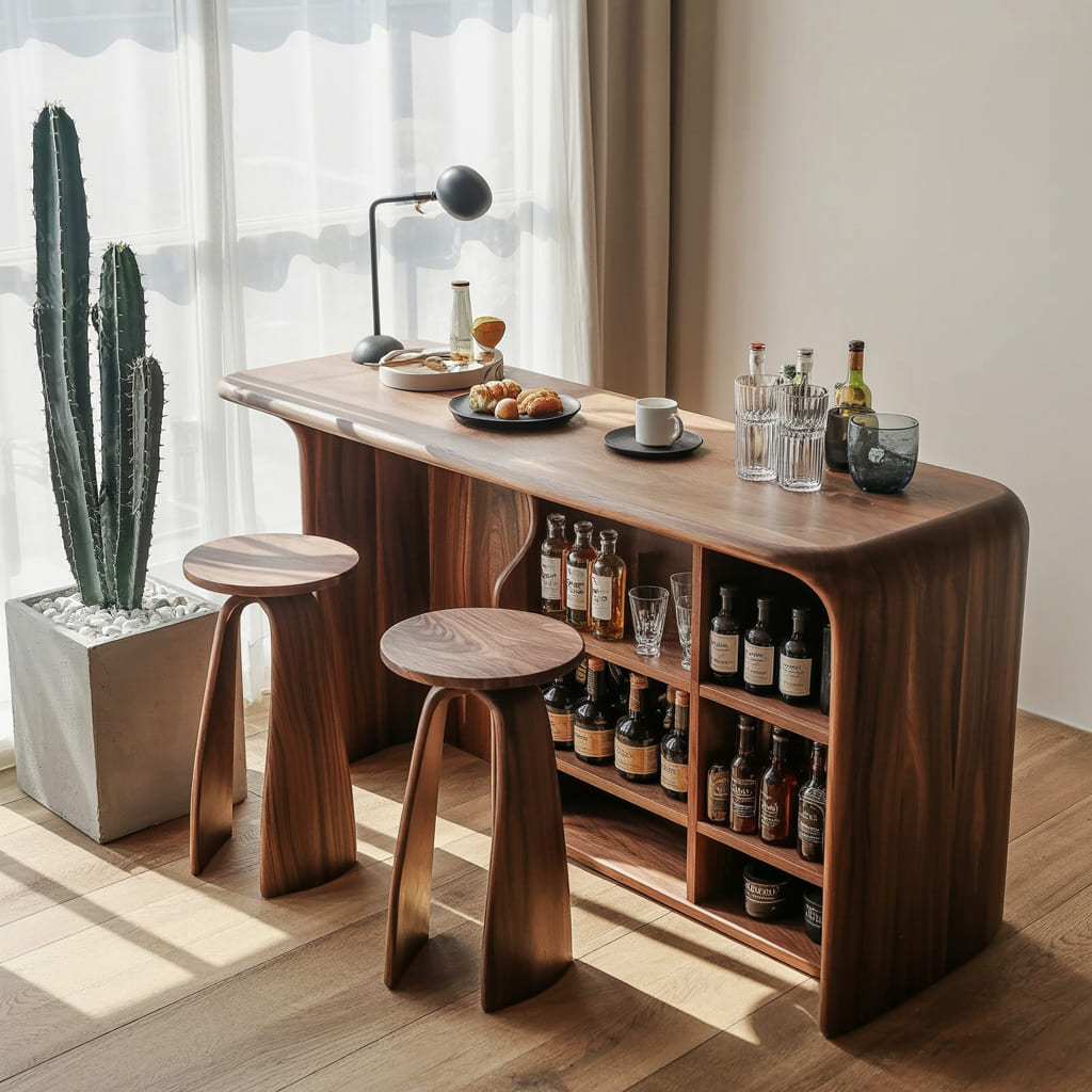 Curved home bar cabinet crafted from solid wood with integrated wine storage