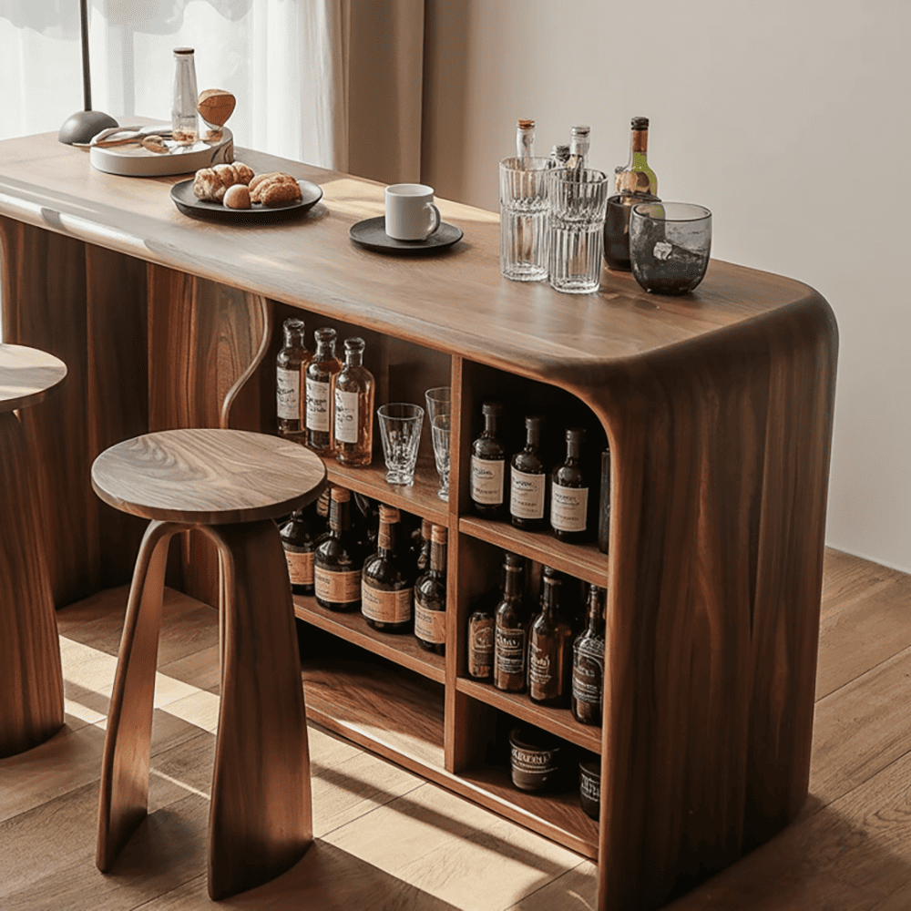 Curved solid wood bar cabinet with built-in wine bottle storage