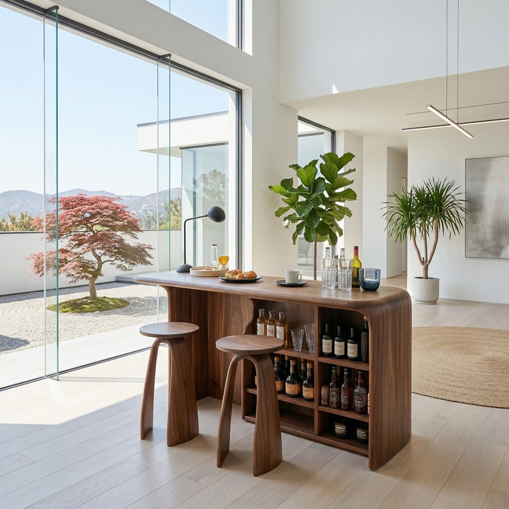 Solid wood bar cabinet table with curved design and built-in wine storage for stylish home interiors