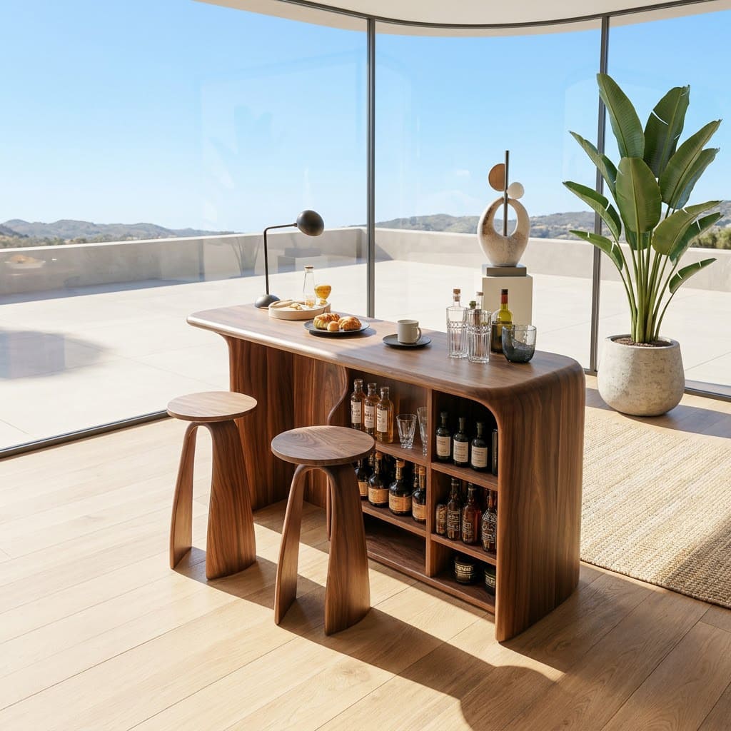 Modern curved solid wood home bar cabinet with wine storage for contemporary entertaining areas