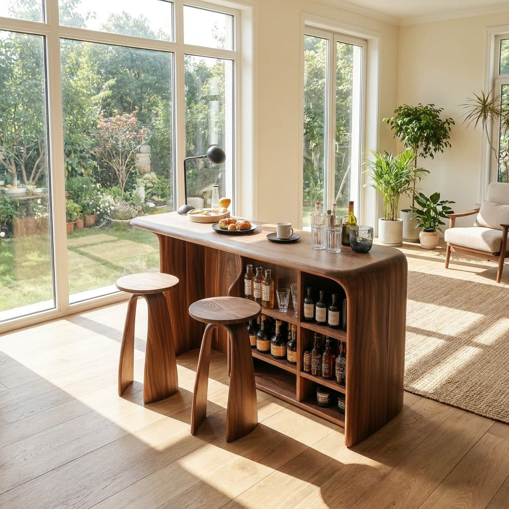 Curved solid wood home bar cabinet with integrated wine storage for modern dining spaces