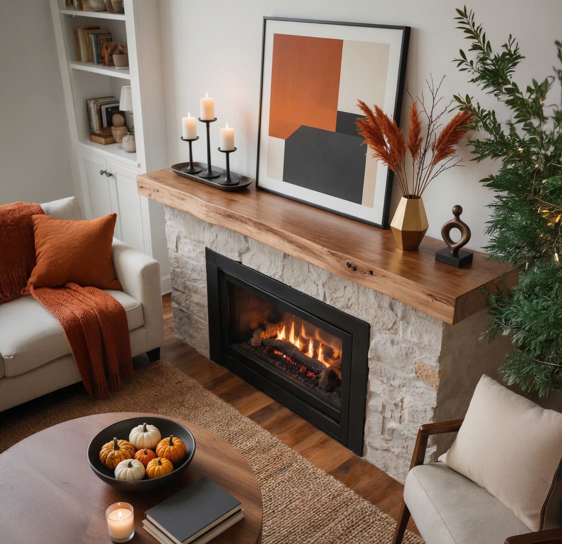 Solid wood live-edge fireplace mantel shelf in a modern living room