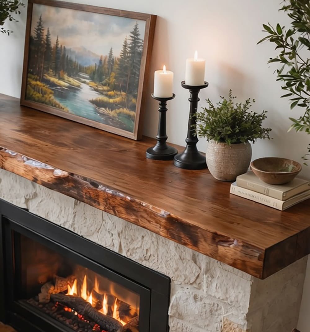 Solid wood live-edge fireplace mantel shelf