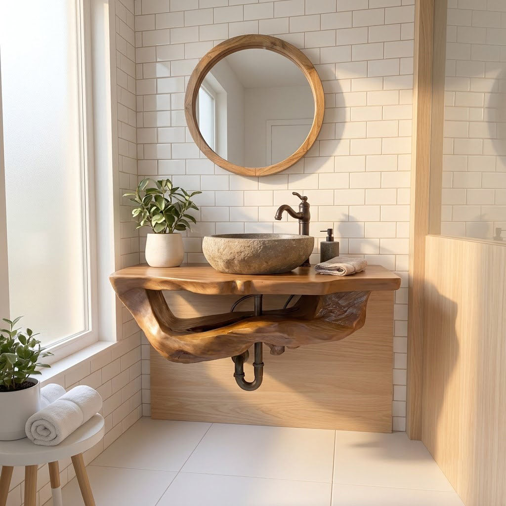 Solid Wood Live Edge Floating Bathroom Vanity with Organic River Edge