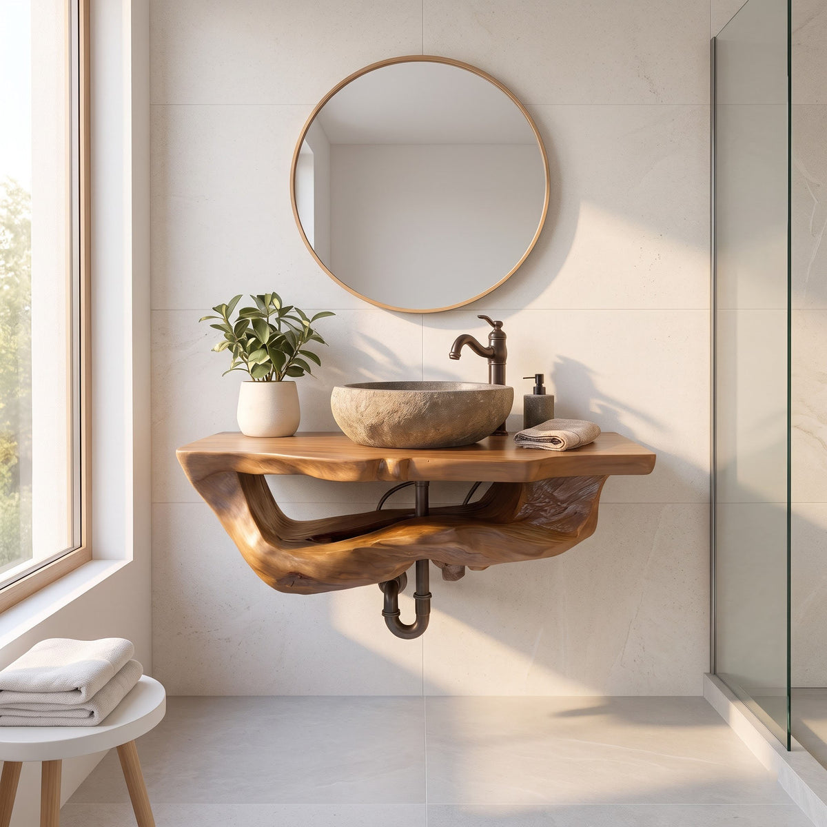 Solid Wood Live Edge Floating Bathroom Vanity with Organic River Edge