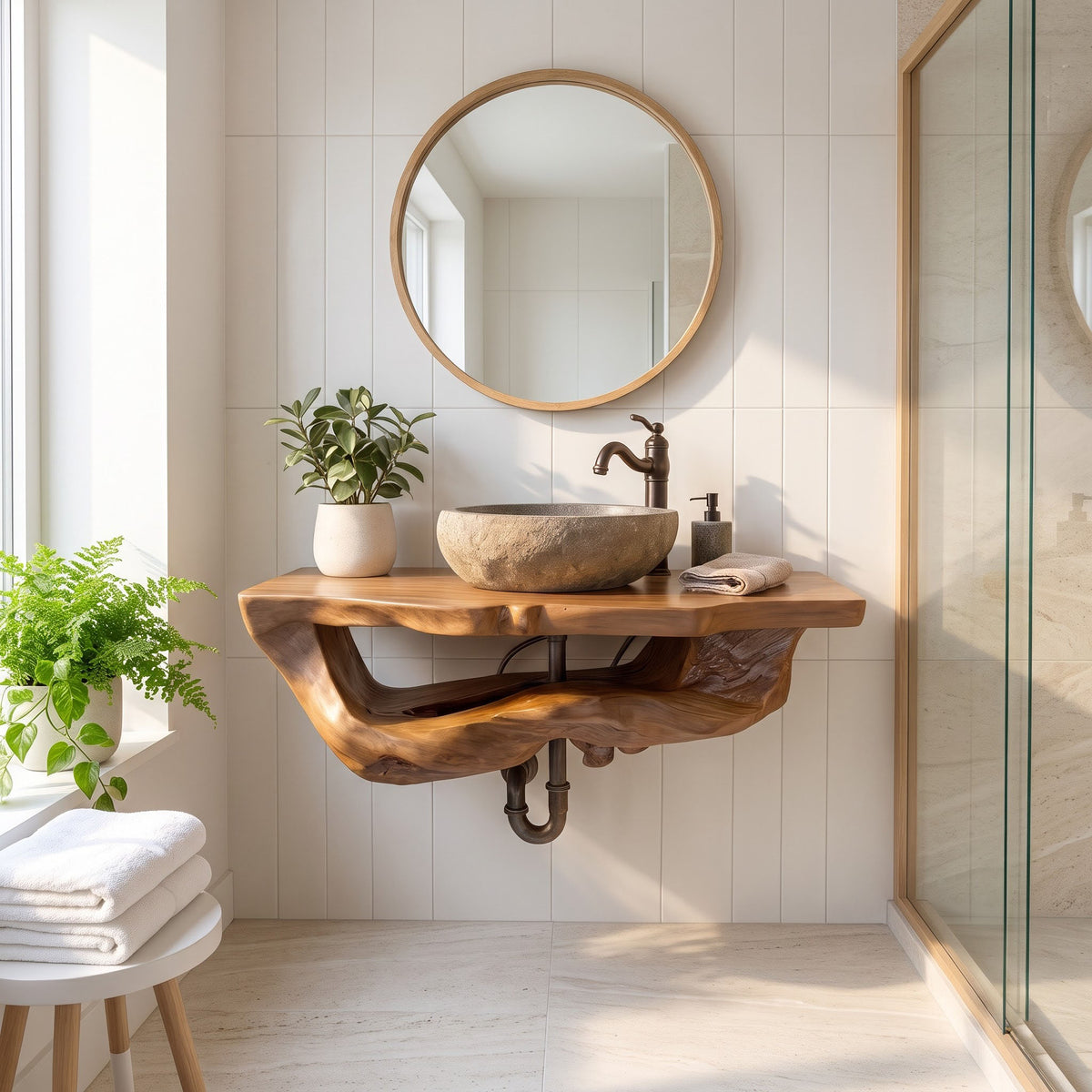 Solid Wood Live Edge Floating Bathroom Vanity with Organic River Edge