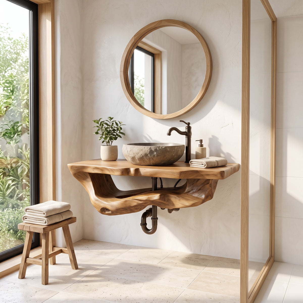 Solid Wood Live Edge Floating Bathroom Vanity with Organic River Edge