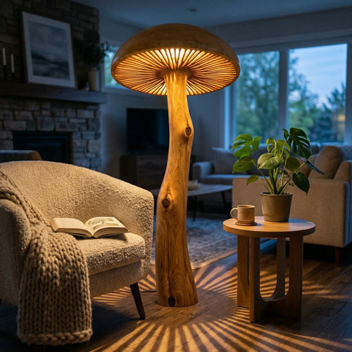 Solid Wood Mushroom Floor Lamp with Gill Glow Cap