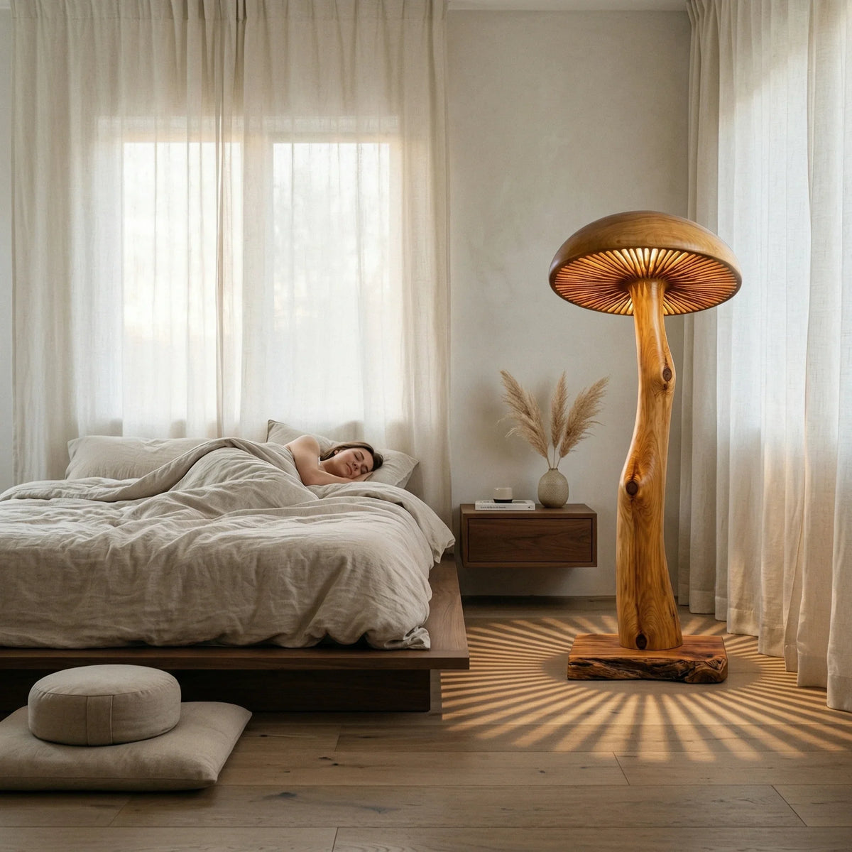 Solid wood mushroom floor lamp with sculpted log stem in cozy modern bedroom