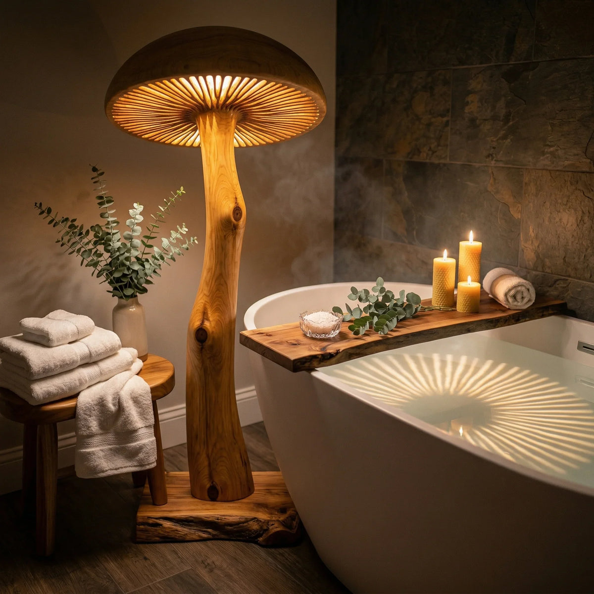 Solid wood mushroom floor lamp with sculpted log stem beside a modern bathtub and candles