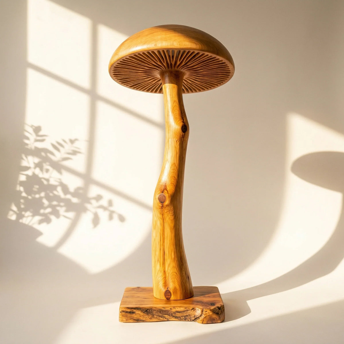 Solid wood mushroom floor lamp with sculpted log stem and wide cap in natural light