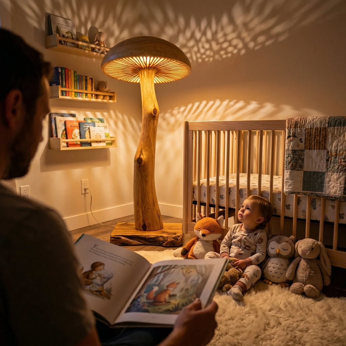 Solid wood mushroom floor lamp with sculpted log stem glowing beside baby in cozy nursery