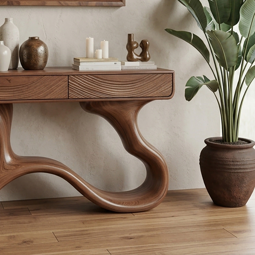 Sculptural solid wood console table with hidden storage