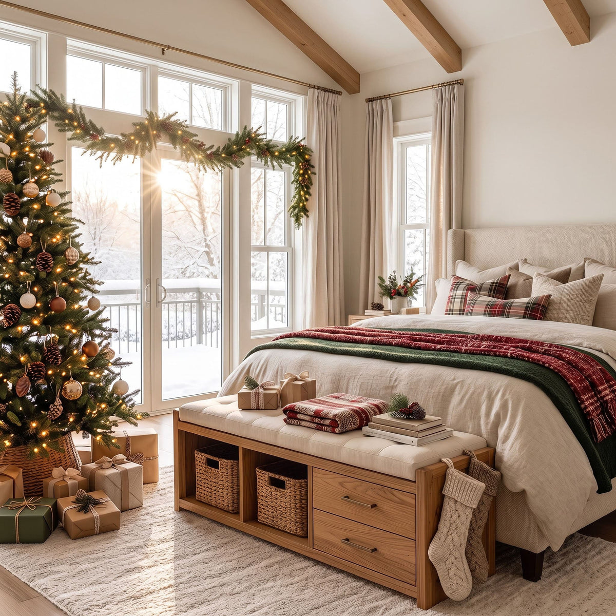 Solid wood bench organizer with integrated drawers in a cozy bedroom