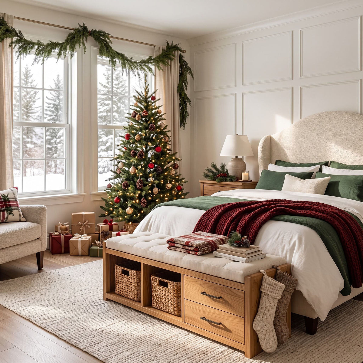 Timber storage bench with open cubbies displayed in a functional modern bedroom