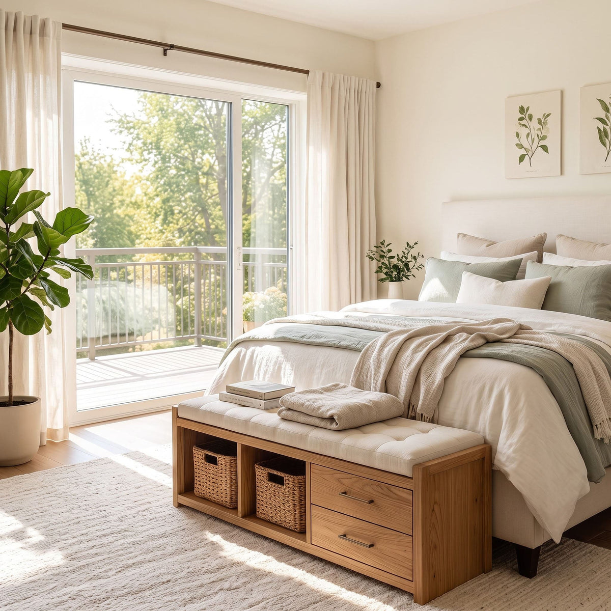 Handcrafted wooden storage unit with open compartments in a minimalist bedroom