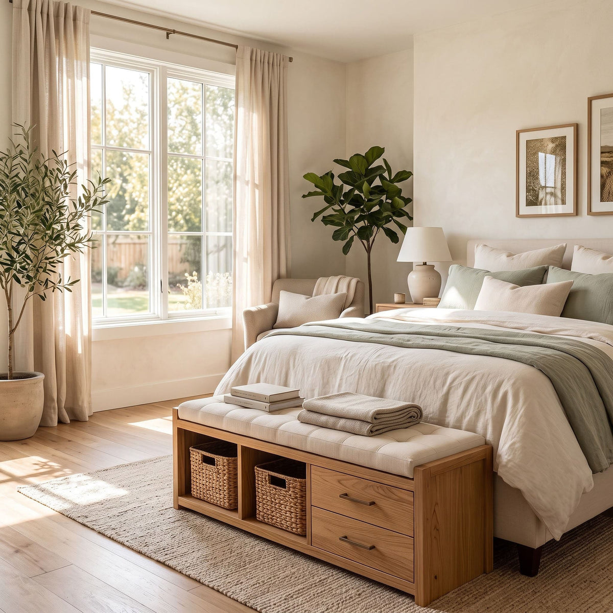 Timber organizer bench with integrated drawers in a contemporary bedroom