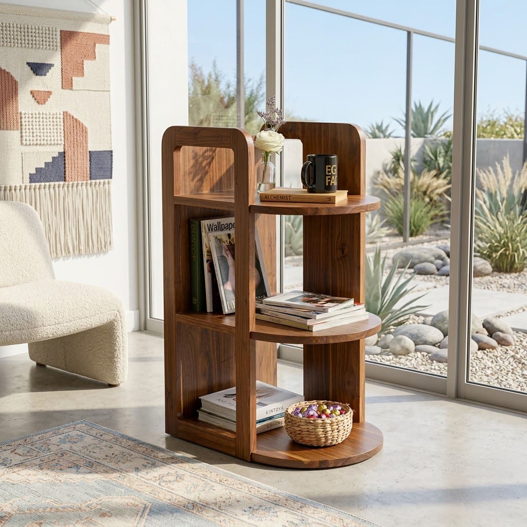 Contemporary solid wood curved magazine stand displayed in a cozy reading nook