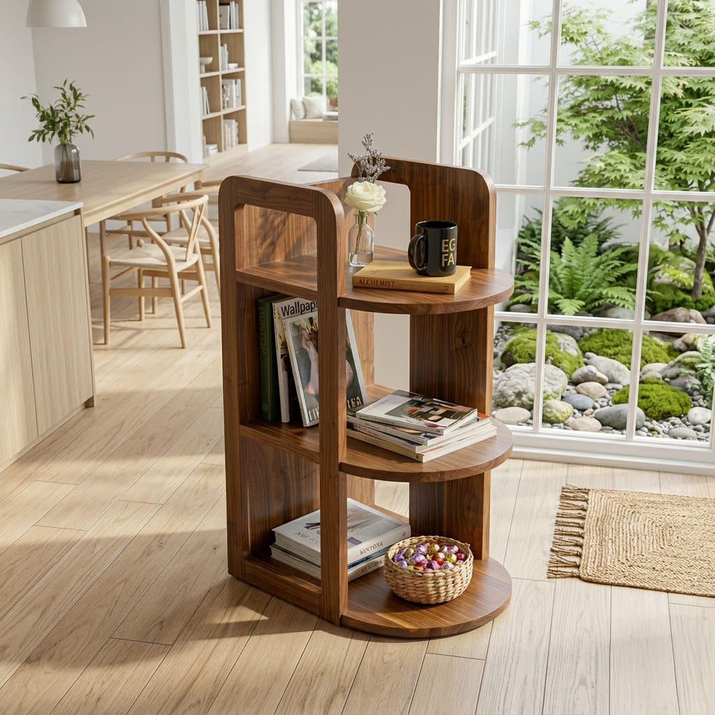 Elegant solid wood tiered magazine rack showcased in a stylish home interior