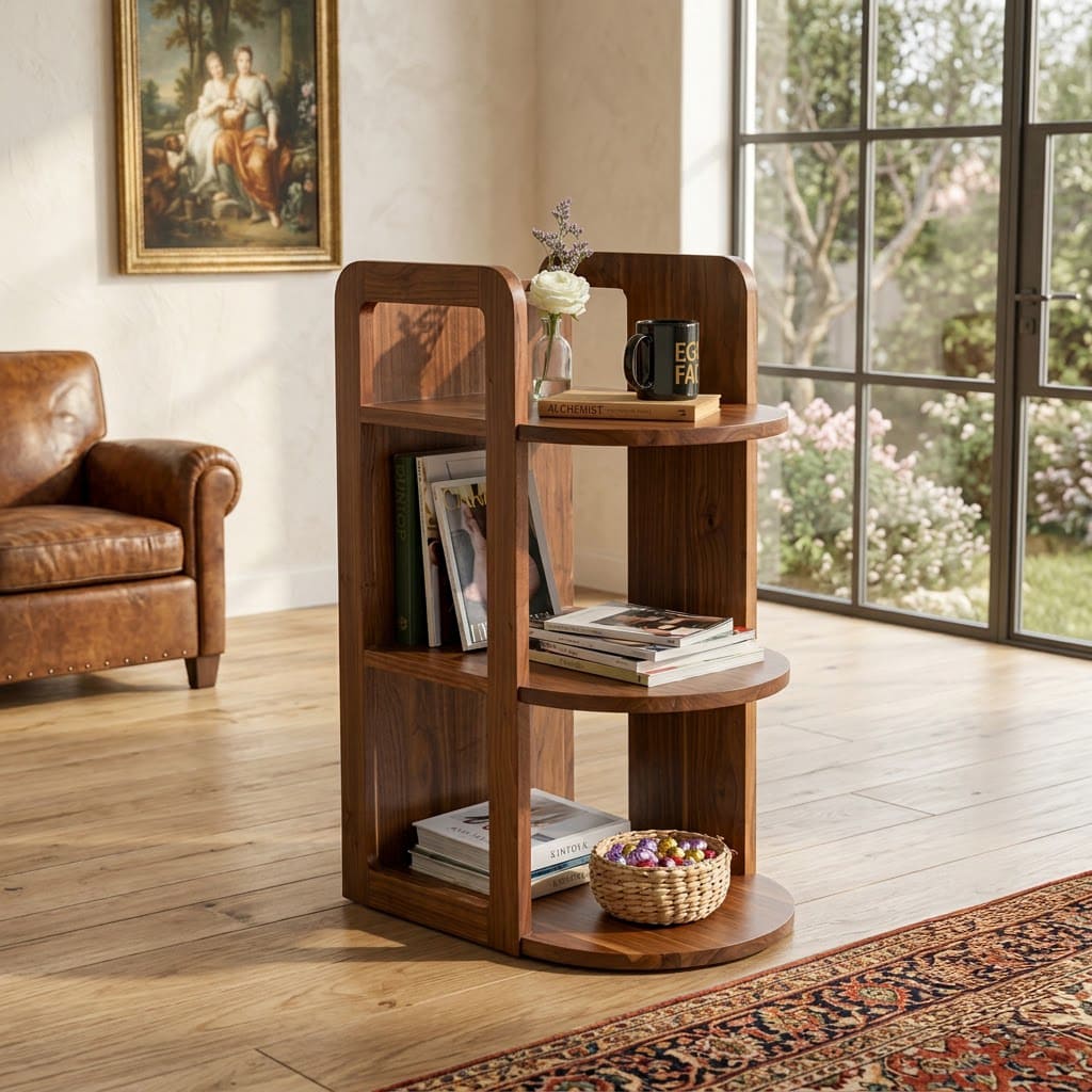 Modern solid wood tiered curved magazine rack in a contemporary living room