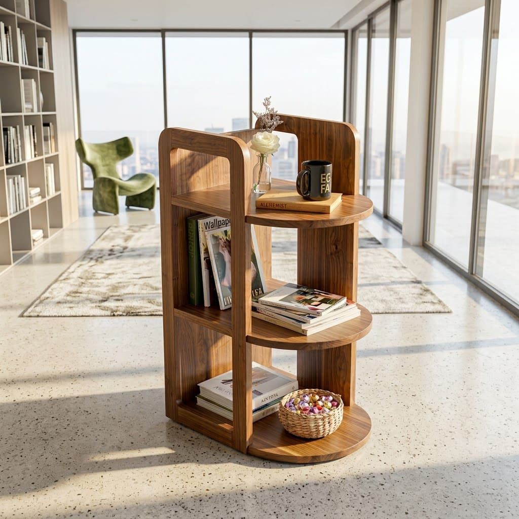 Contemporary solid wood curved magazine stand displayed in a cozy reading nook