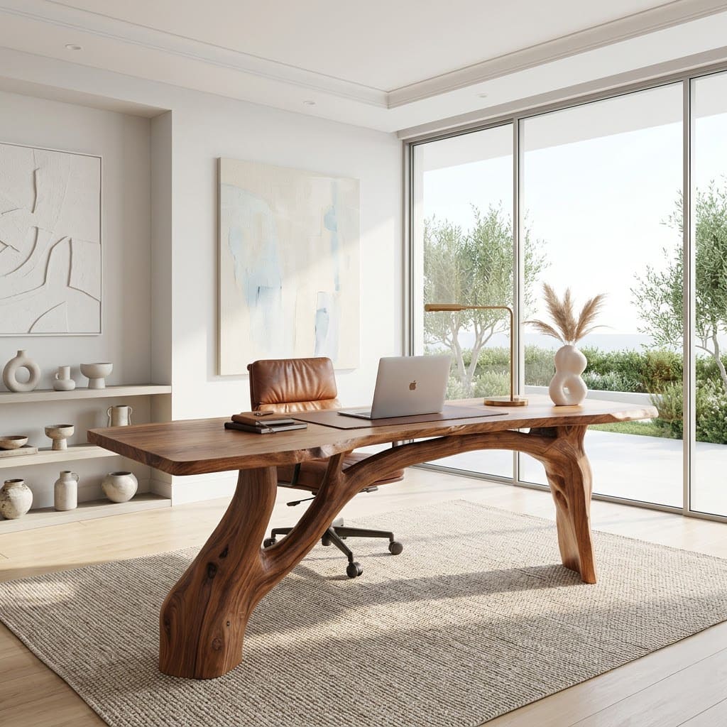 Minimalist solid wood writing desk in a contemporary home office