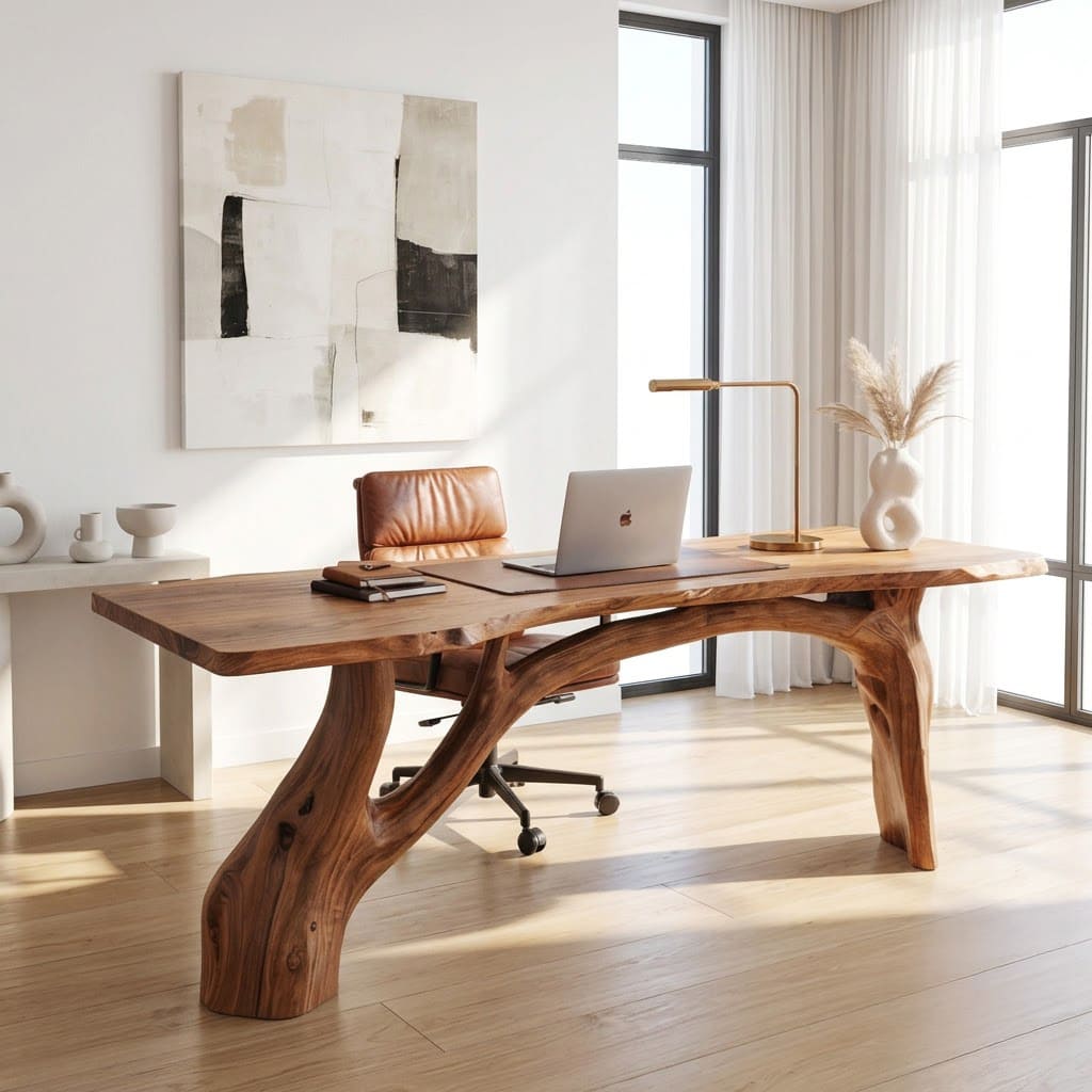 Handcrafted solid wood workspace desk styled in a modern study