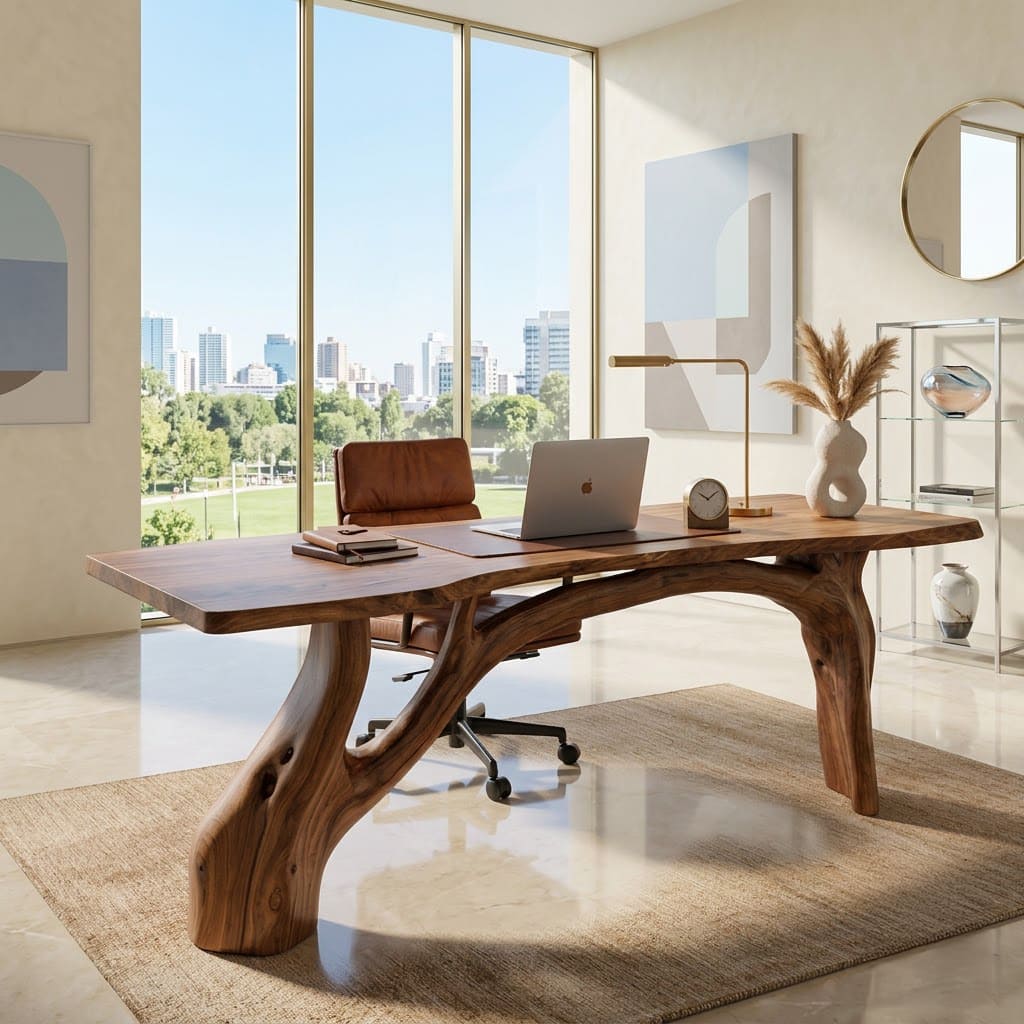 Modern solid wood writing desk displayed in a bright workspace