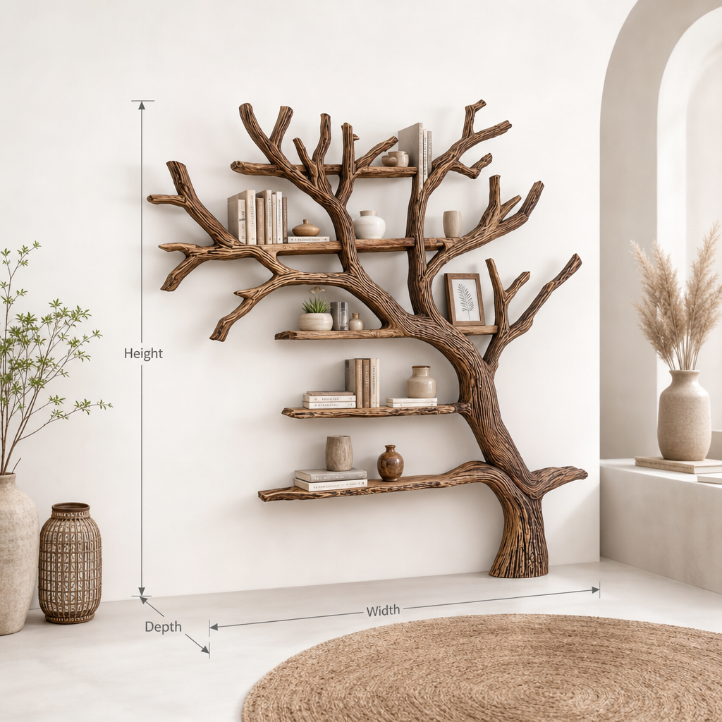 Driftwood tree bookshelf mounted on a wall as a rustic branch shelf