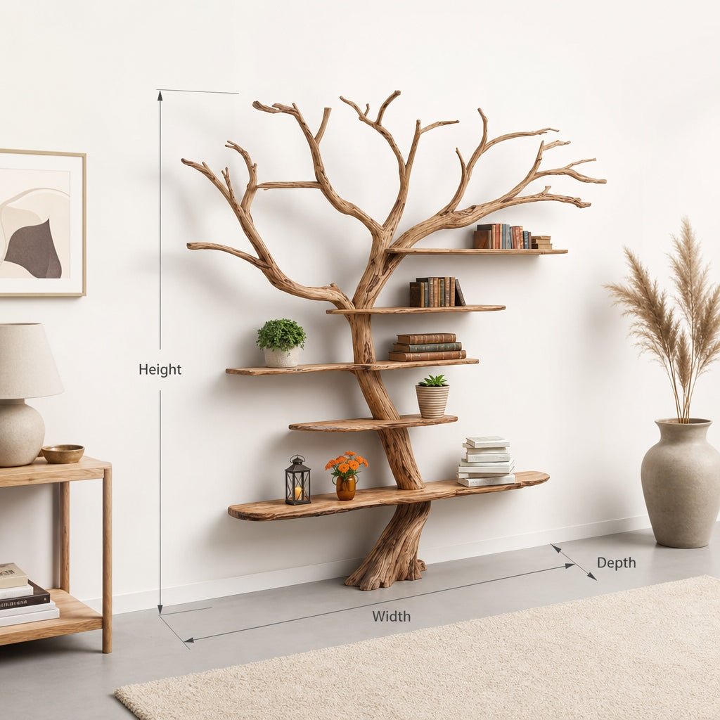 Solid Driftwood Wall Bookshelf – Rustic Tree Branch Floating Shelf Décor