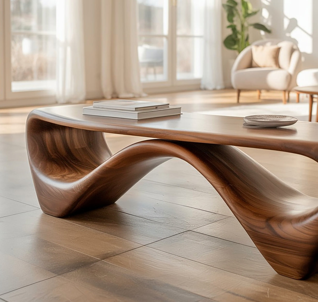 Solid Walnut Sculptural Bench, Mid-Century Modern Organic Entryway Seating