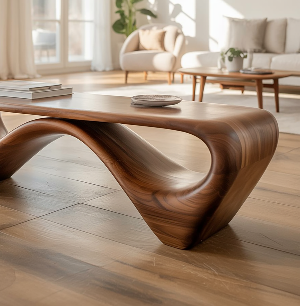 Solid Walnut Sculptural Bench, Mid-Century Modern Organic Entryway Seating