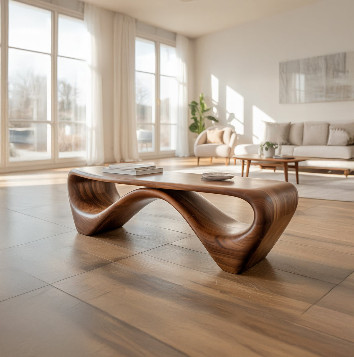 Solid Walnut Sculptural Bench, Mid-Century Modern Organic Entryway Seating