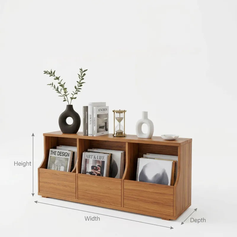 Solid Wood 3-Bin Low Magazine Rack & Display Console