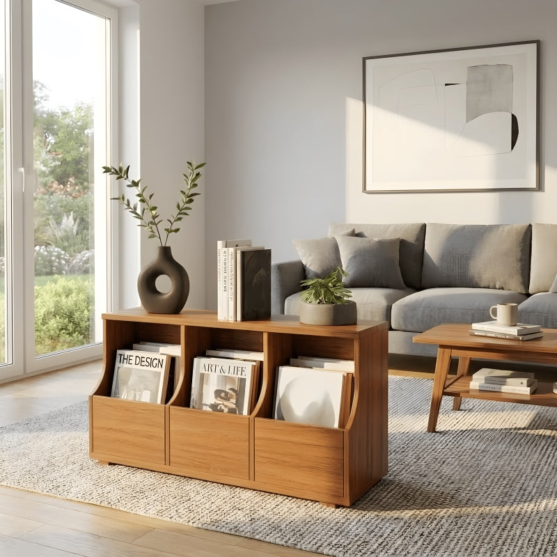 Minimalist solid wood low magazine rack in a contemporary living room